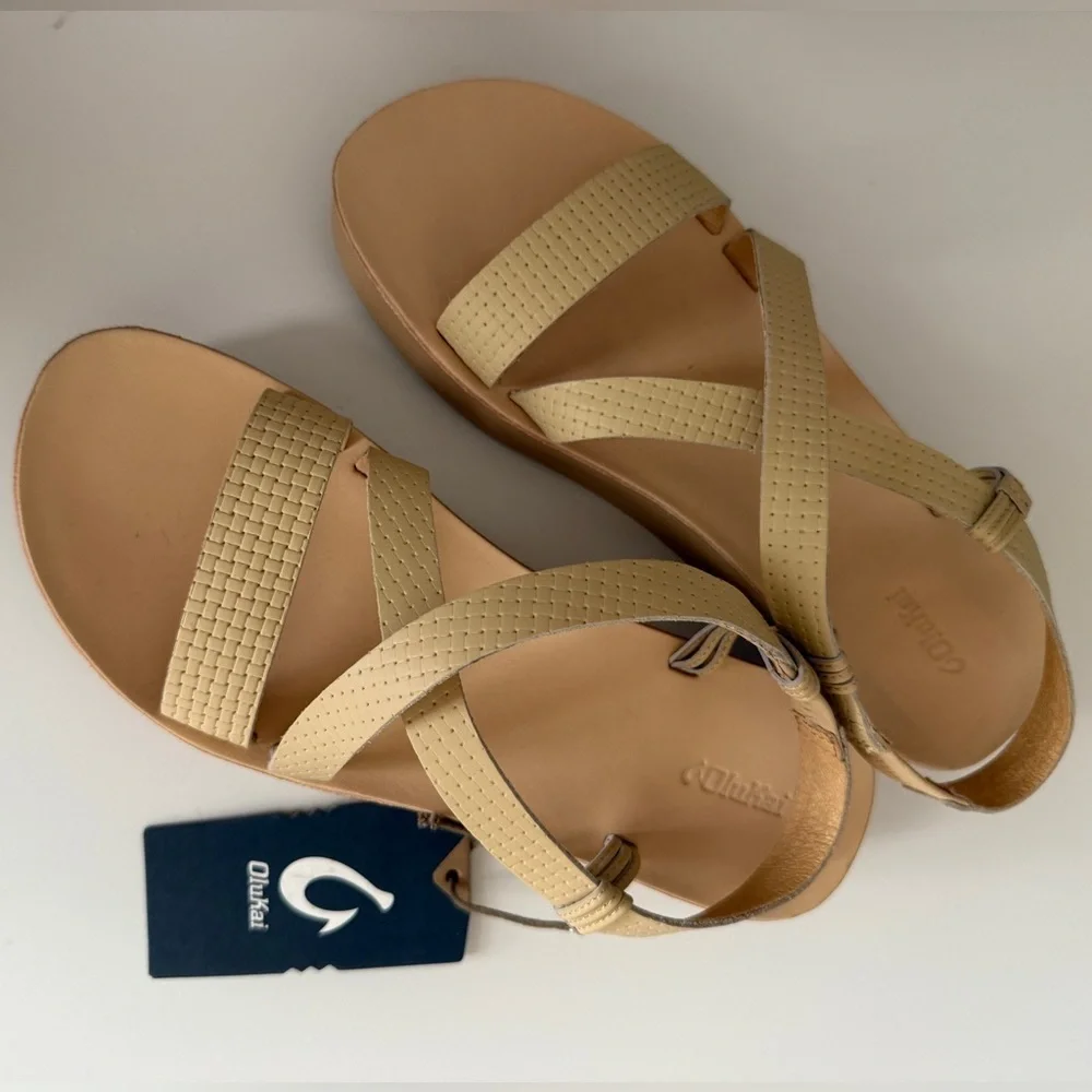 Olukai Onohi Strappy Sandal Wedge Warm Beige Dressy Beach Size 10 40 - Picture 2 of 10